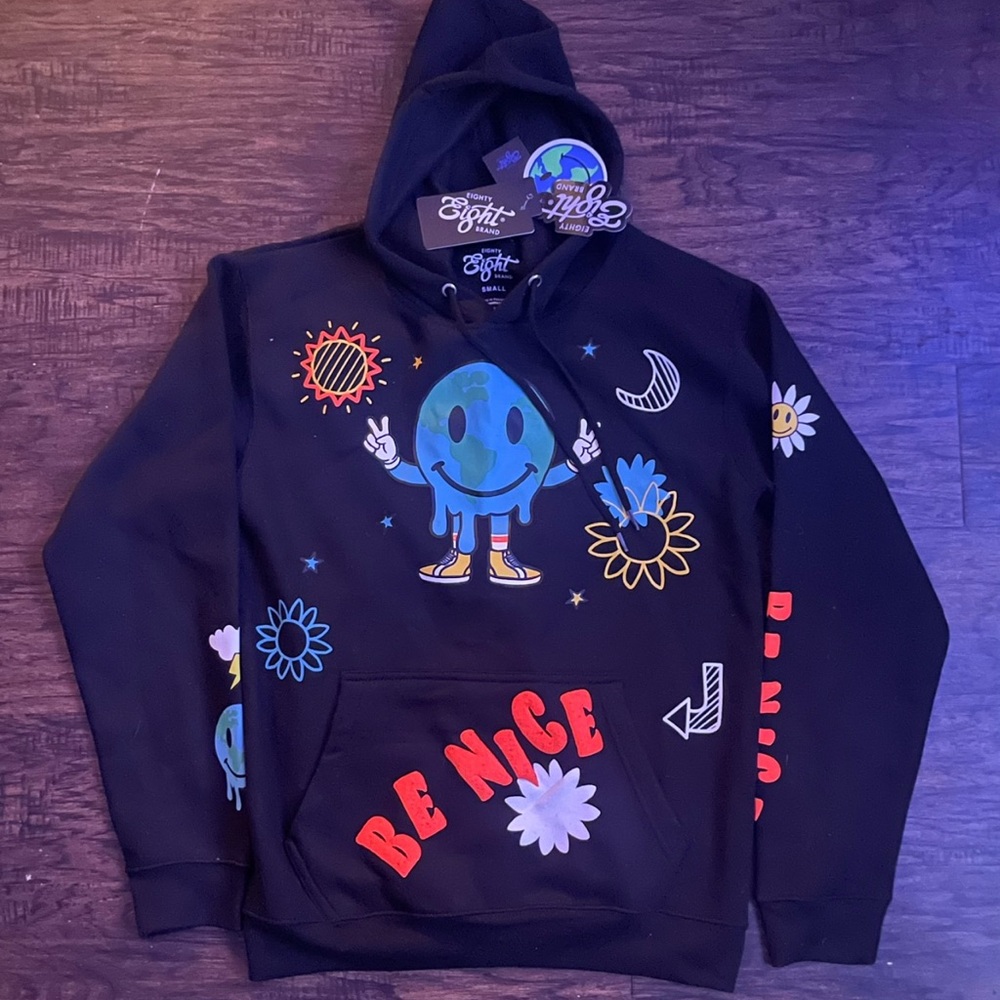 Eighty Eight Black Hoodie with Earth and puff print graphics